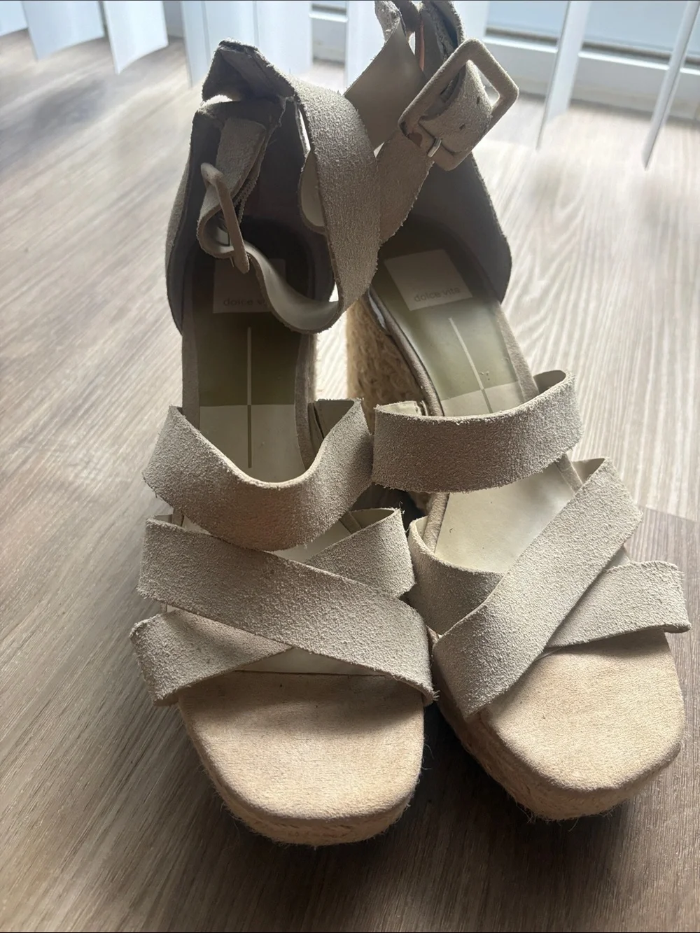 Dolce Vita Beige Suede Crisscross Espadrille Wedge Sandals